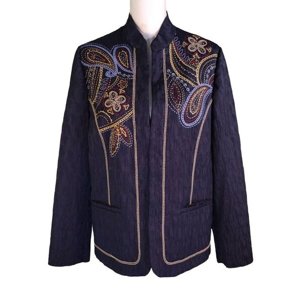 Alfred Dunner Navy Textured Embroidered Jacket 12 - Picture 1 of 7